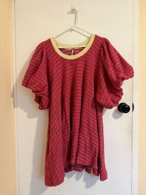 Free People Hudson Pullover Puff Sleeve Knit Mini Dress Red Combo Striped Cotton